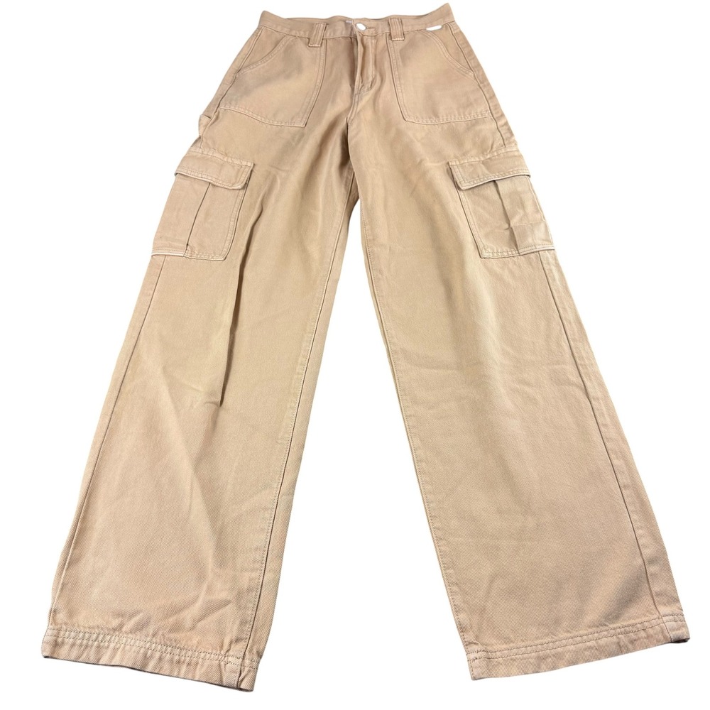 Cello Tan Khaki High Waisted Wide Leg Cargo Pants Size 3 Carpenter Loose